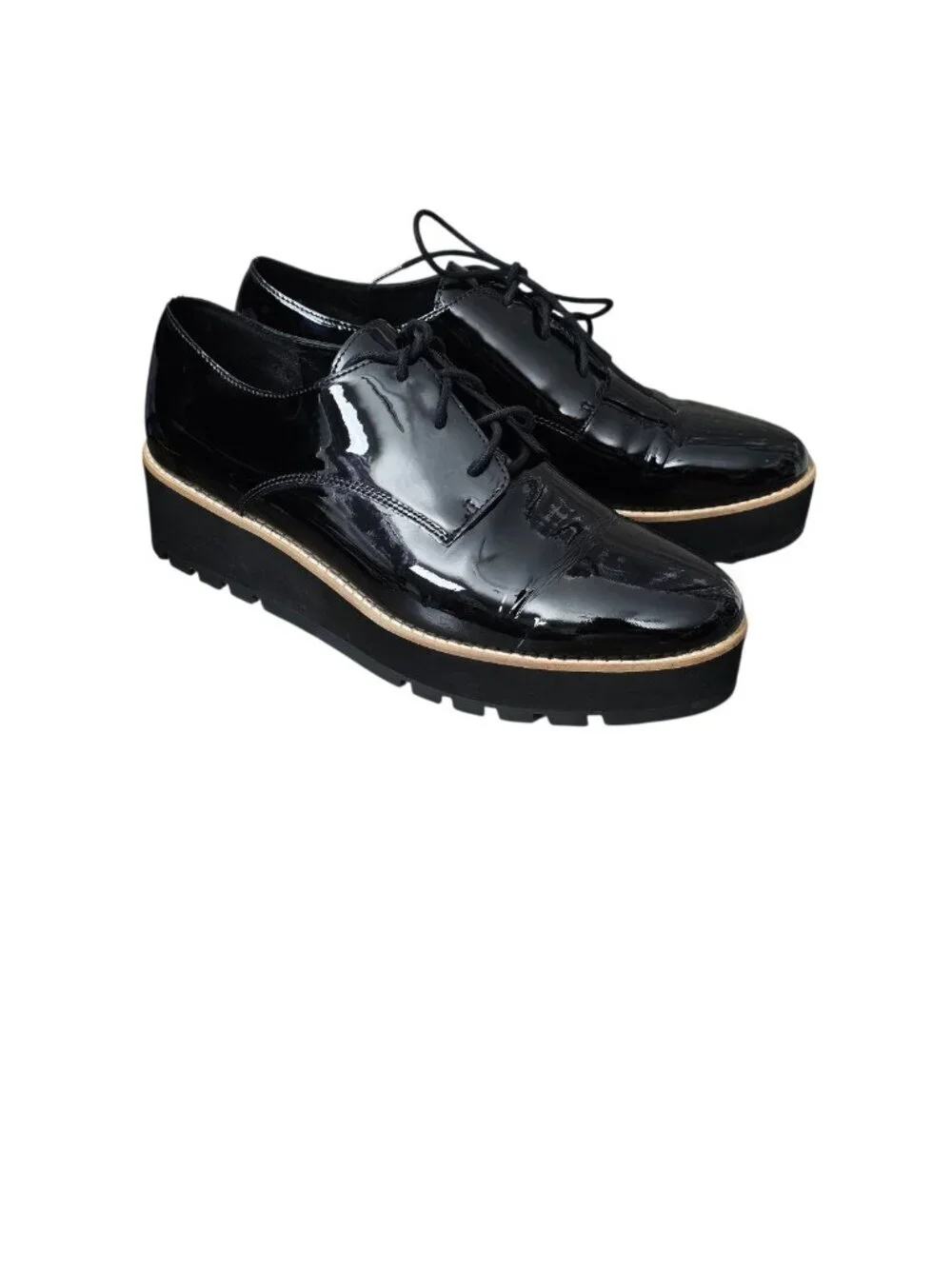 Eileen Fisher Eddy Patent Leather Platform Oxford Chunky Lug Shoes New Black 9.5